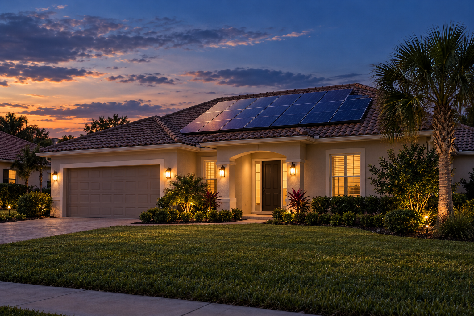 Single-story stucco home at dusk with solar panels on its tile roof and porch lights on