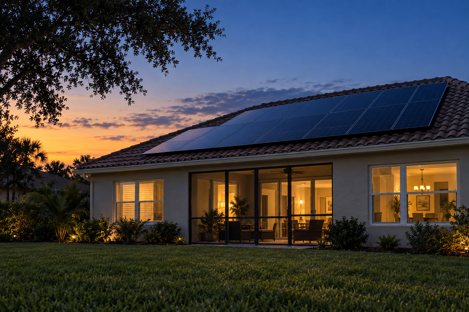 Rooftop solar array on a concrete-tile roof at dusk with the house's windows lit below