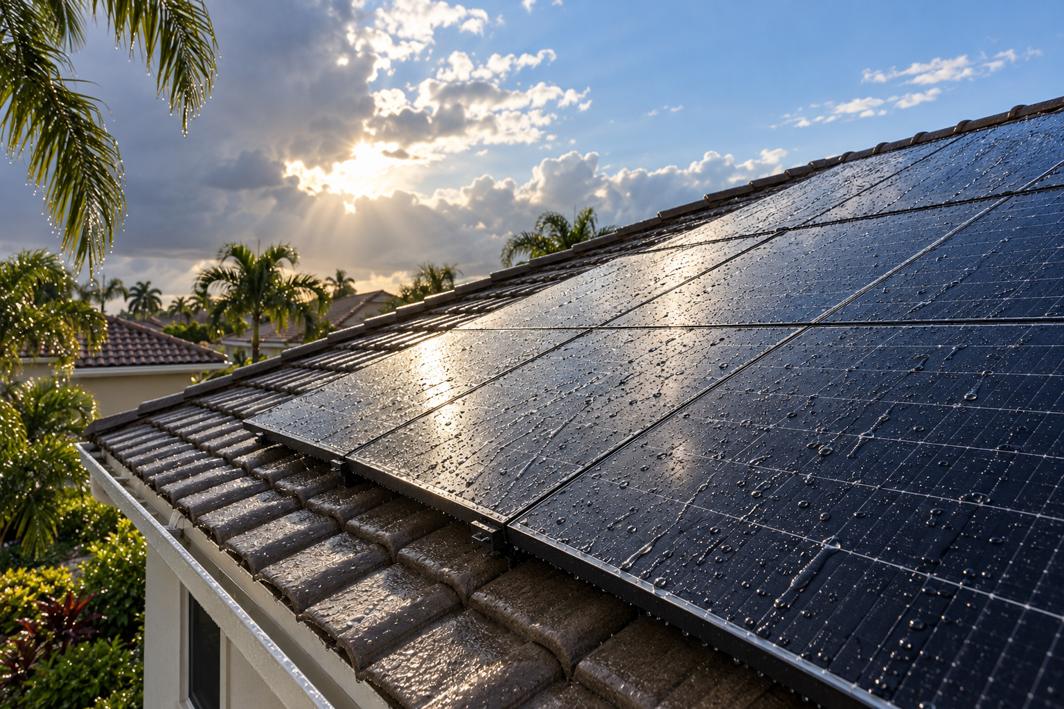 Rooftop solar panels on a tile roof with rain beading on the glass as the sky clears