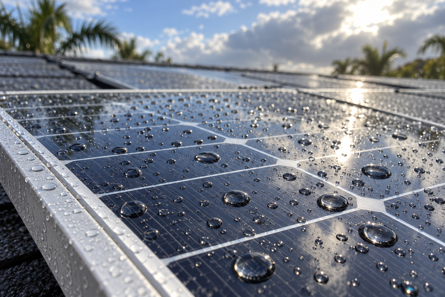 Raindrops beading on the glass of a solar panel as the sky clears after an afternoon shower