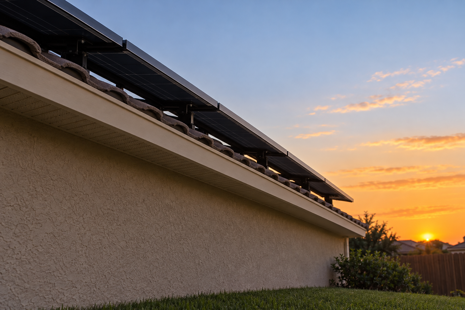Lower edge of a rooftop solar array above a stucco eave against an early-evening sky