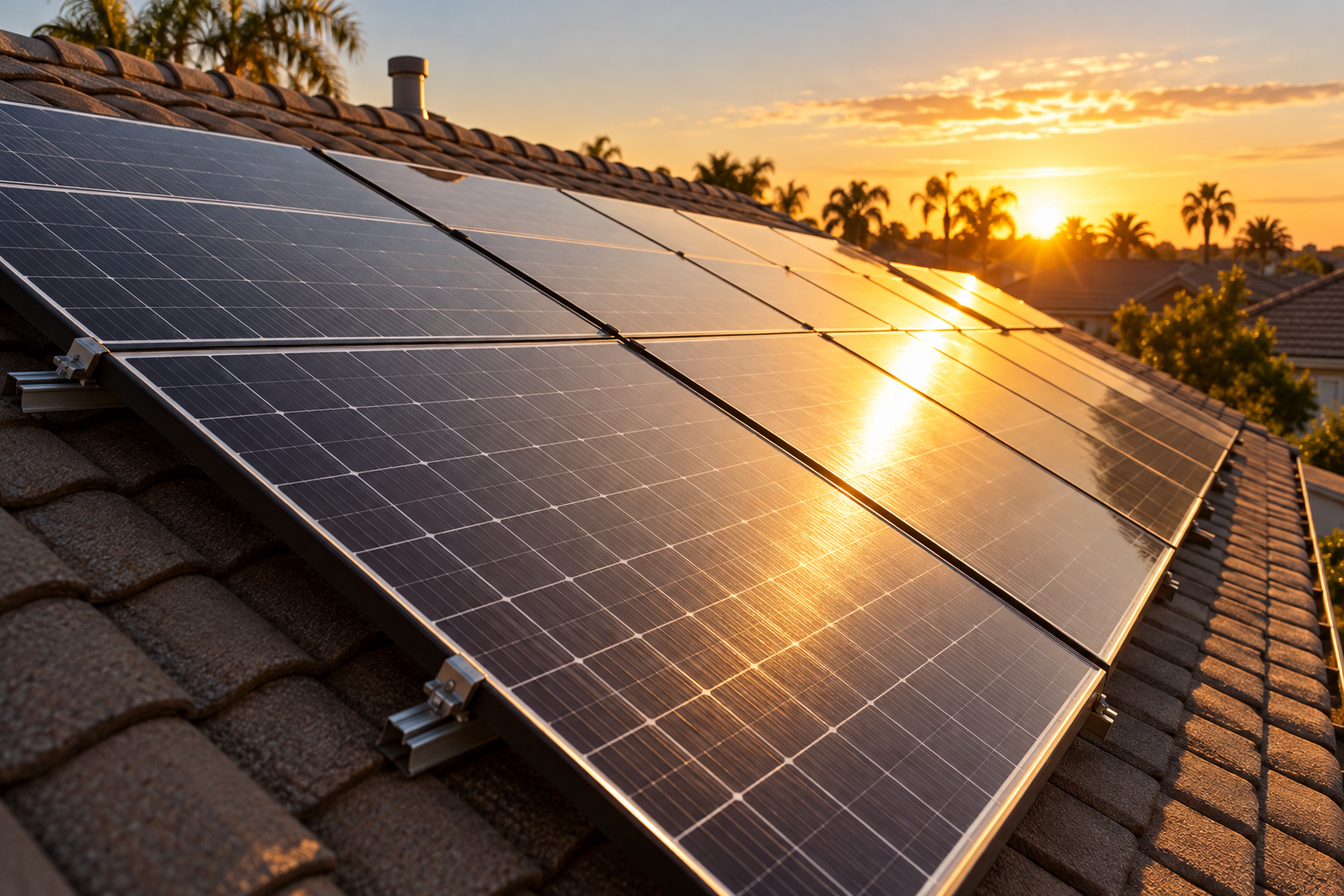 Rows of rooftop solar panels catching a low sun at golden hour