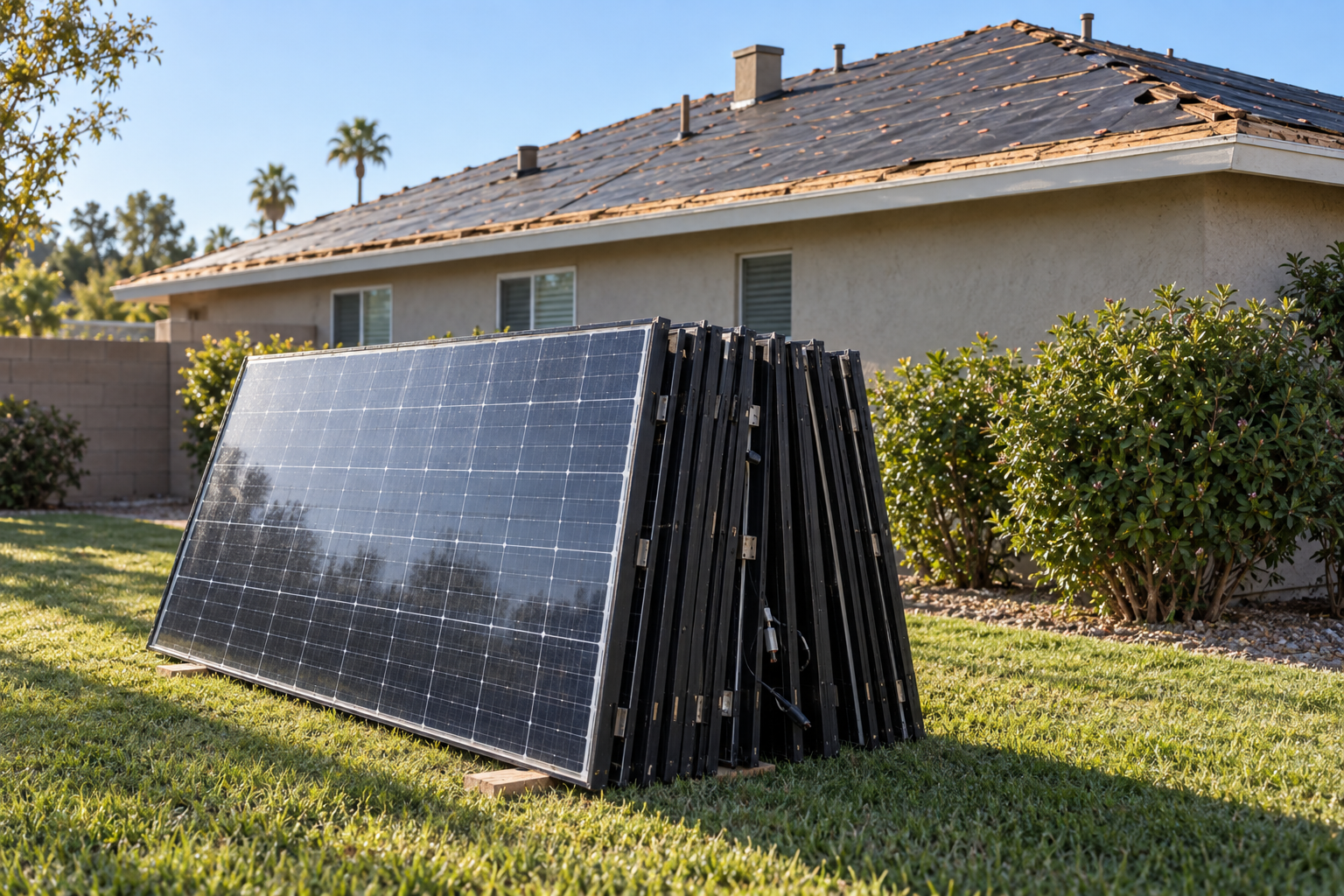 Solar panels stacked on a lawn beside a house with its roof stripped for replacement