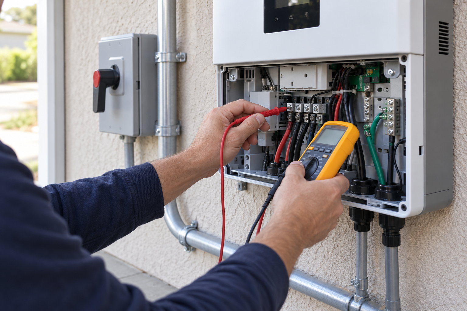Technician's hands checking an open wall-mounted solar inverter with a multimeter