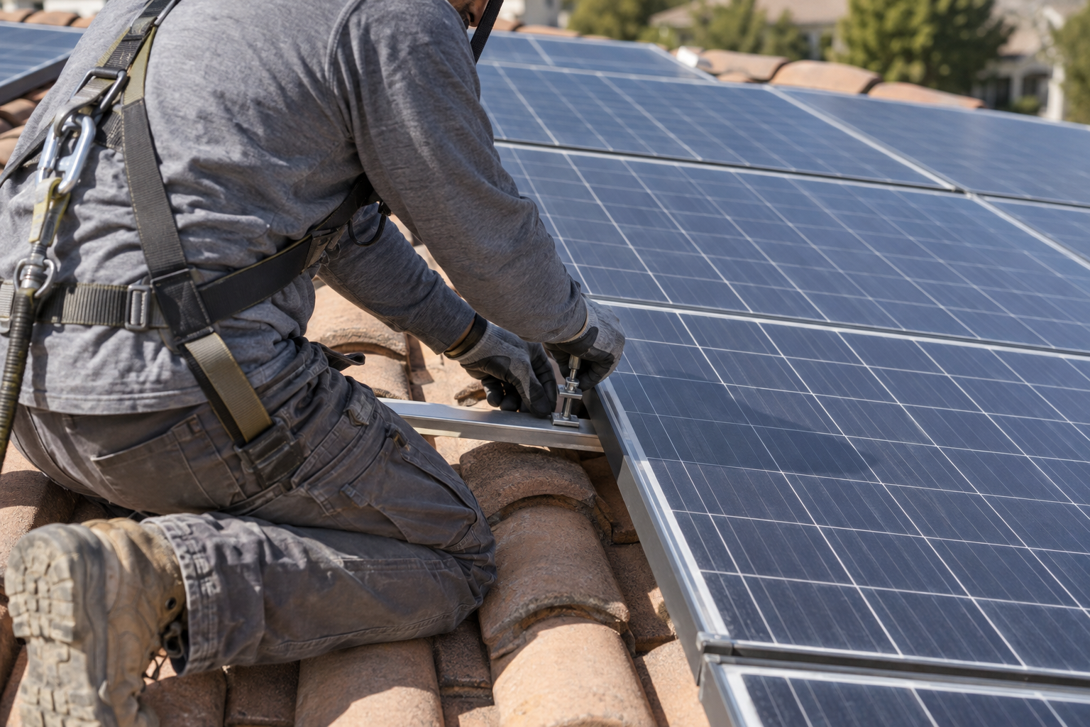 solar company installer mounting a panel on a Palm Beach Gardens tile roof