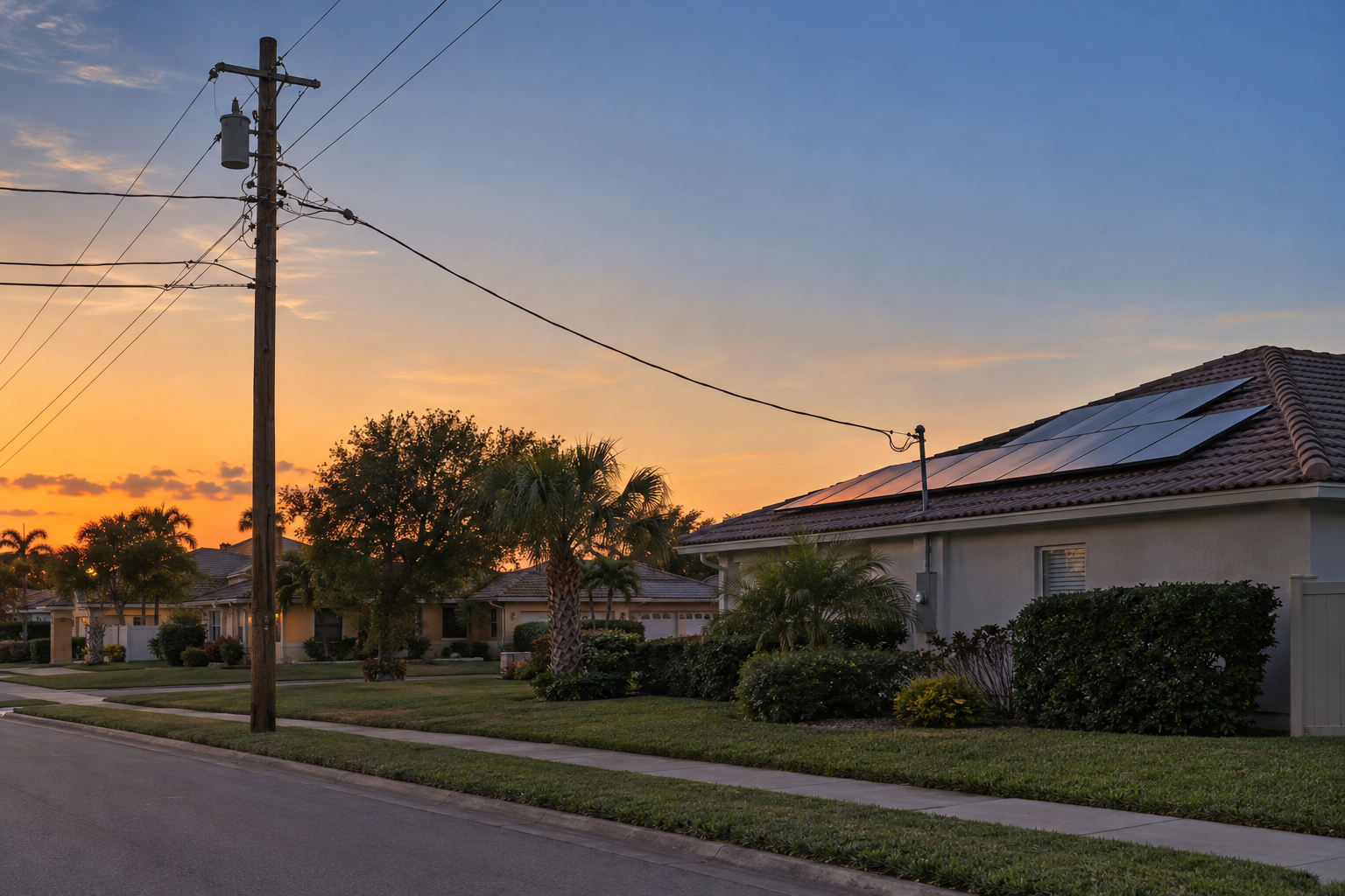 Overhead power lines running from a utility pole to a house with rooftop solar panels at dusk