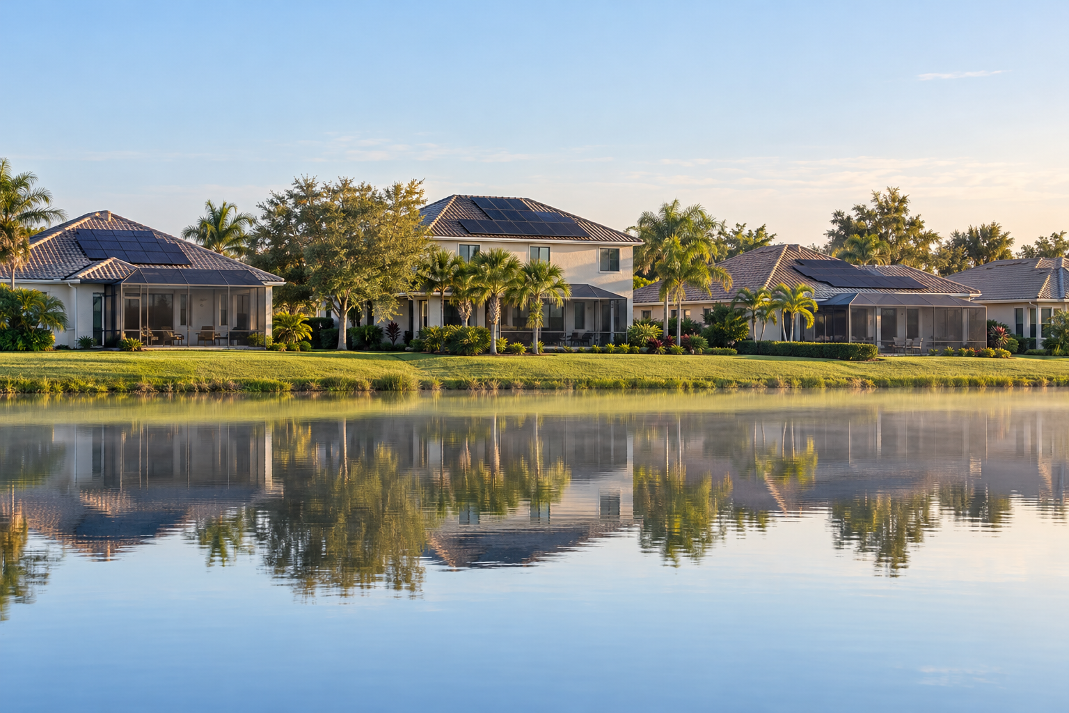 Rooftop solar arrays on stucco homes across a still subdivision lake in early morning light