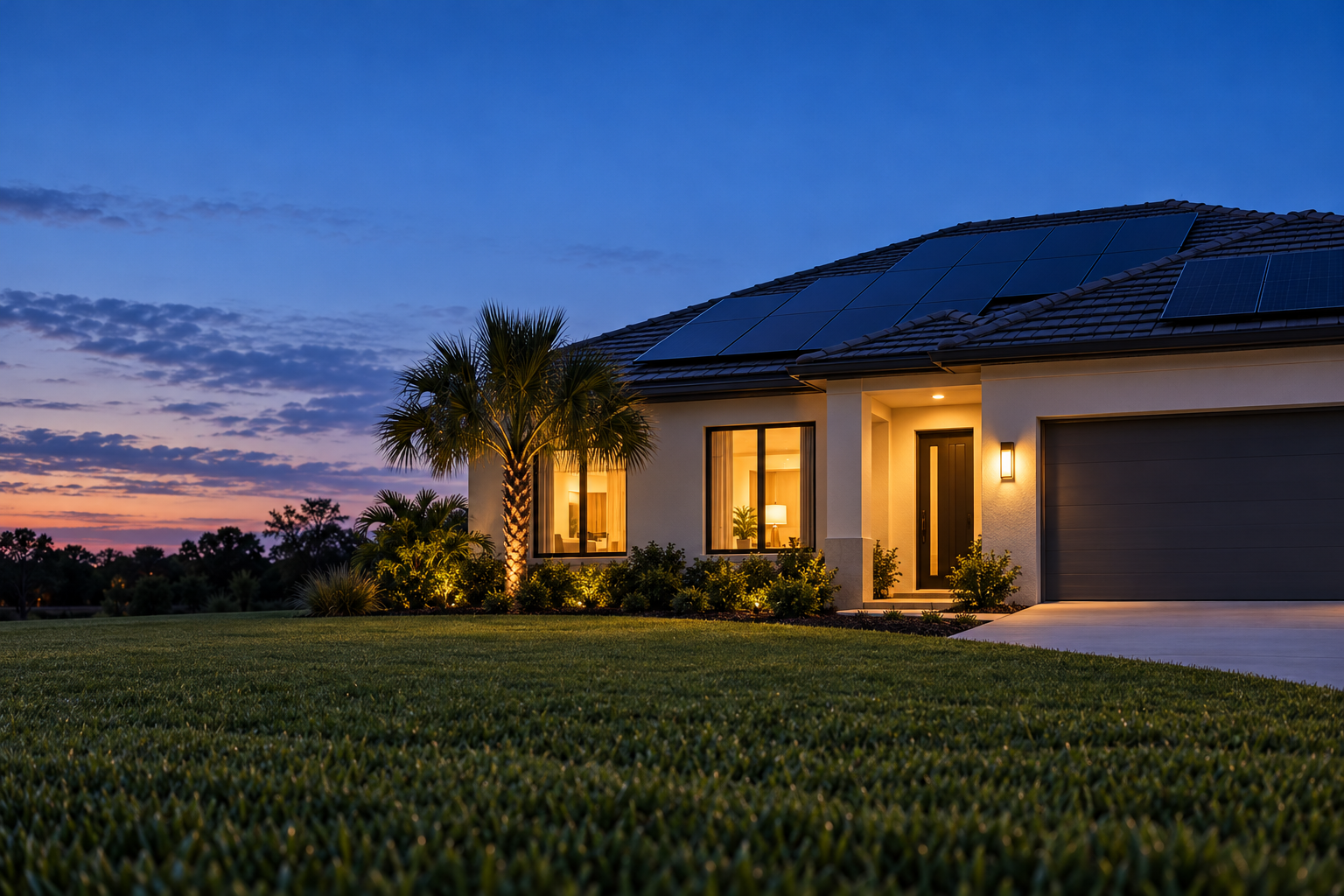 Single-story stucco home with lit windows and rooftop solar panels at dusk