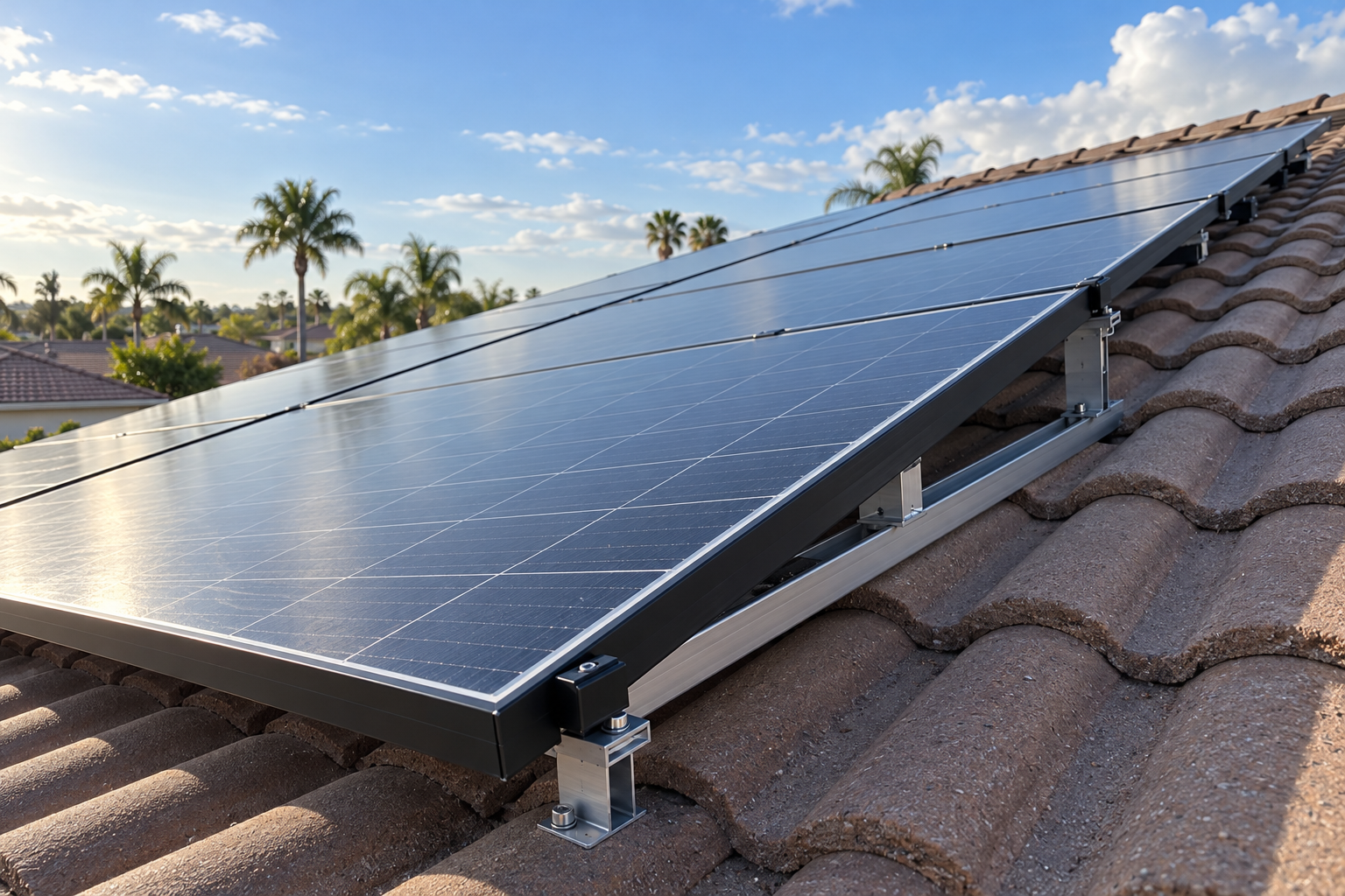 Rows of rooftop solar panels on a tile roof in soft early-morning light