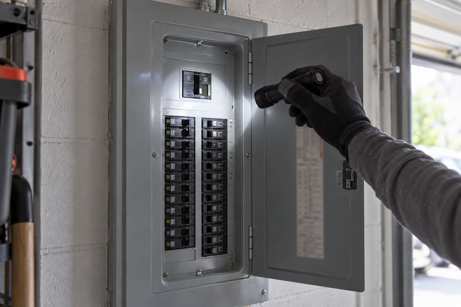 Hand holding a flashlight on the open main electrical panel in a garage during a solar site survey