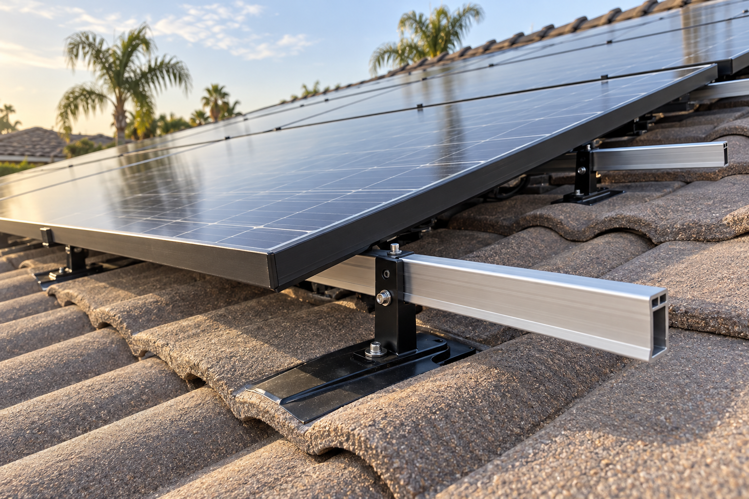 Rows of rooftop solar panels on a tile roof in soft morning light, the rails visible under the lowest row