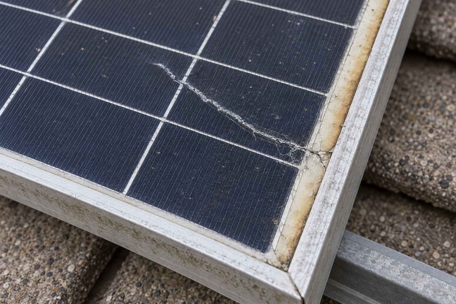 Close view of a weathered solar panel corner with cracked glass along the frame and a yellowed backsheet