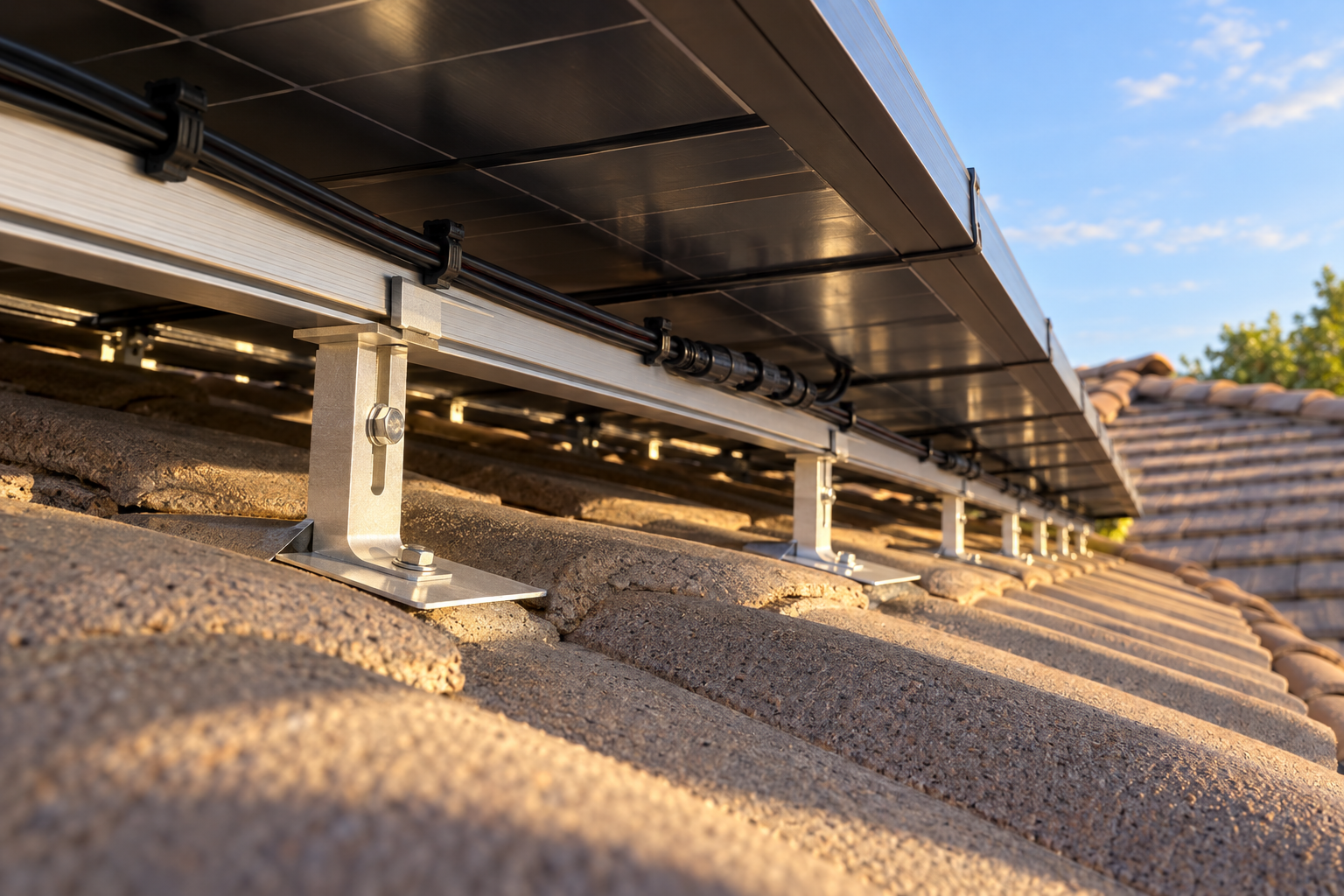 Rails, mounts and wiring under a rooftop solar array seen from the edge of a tile roof