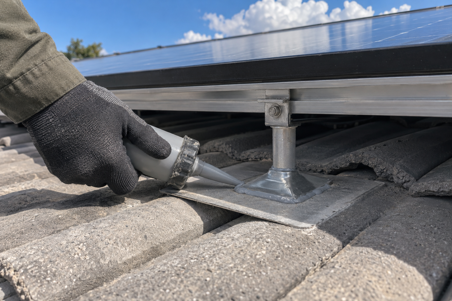 A gloved hand sealing the flashing around a solar panel mount on a concrete tile roof