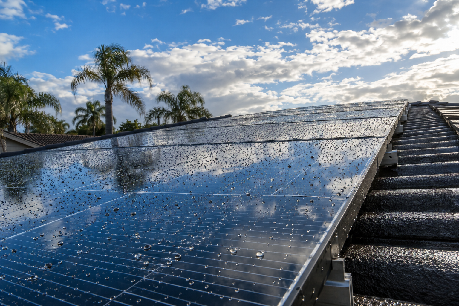 Rain droplets on a row of rooftop solar panels under a clearing morning sky