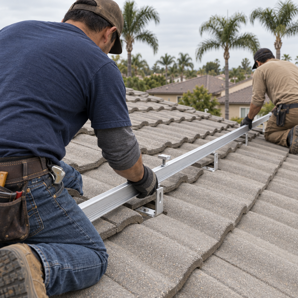 solar roofer crew on a Palm Beach Gardens tile roof